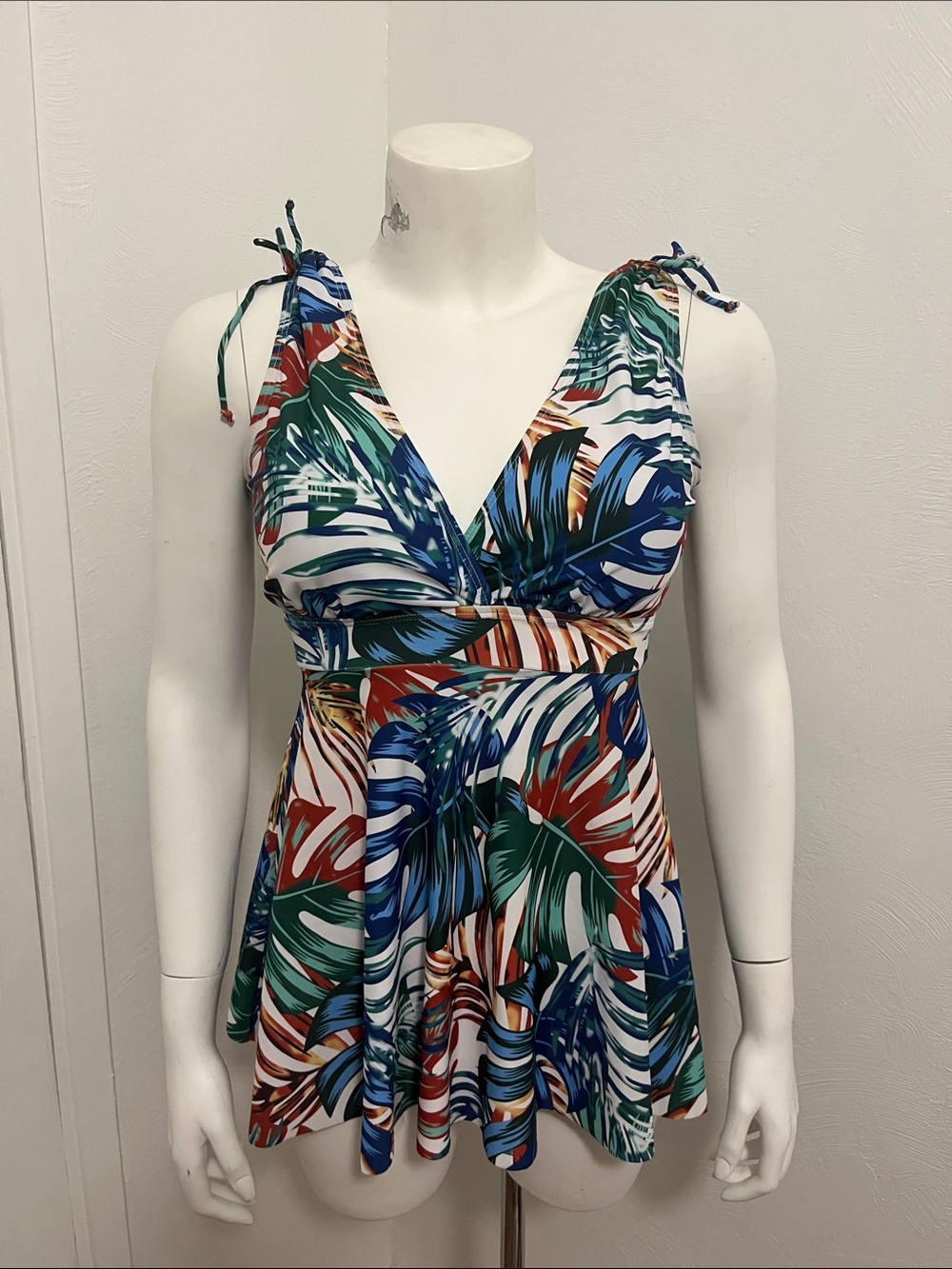 SHEIN Girls Tropical Leaf Tie-Shoulder Tankini Dress - White, Blue, Green, Red